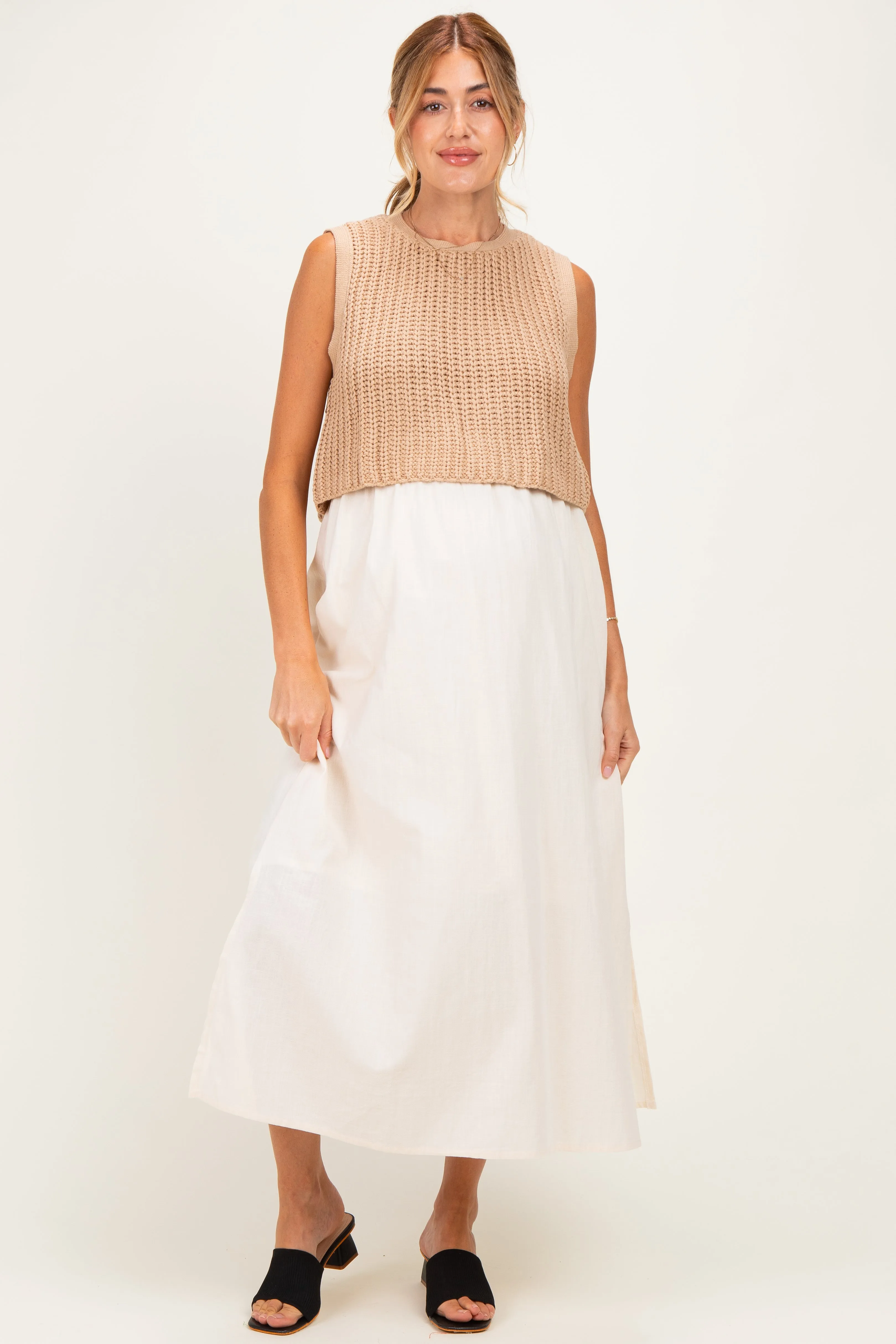 Mocha/ Cream Sleeveless Sweater Top Colorblock Maternity Midi Dress sold by Pinkblush product image thumbnail 2