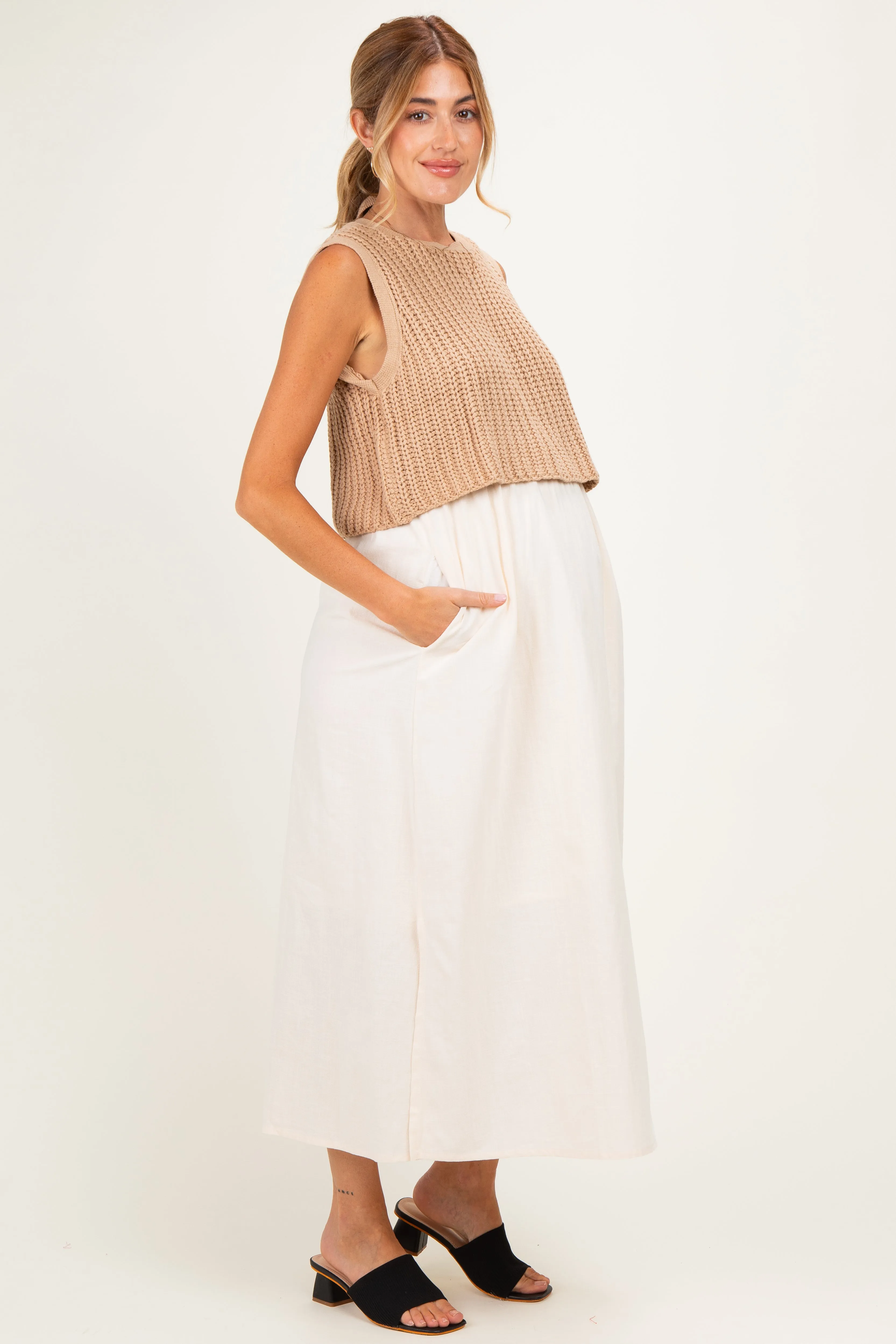 Mocha/ Cream Sleeveless Sweater Top Colorblock Maternity Midi Dress sold by Pinkblush product image thumbnail 3
