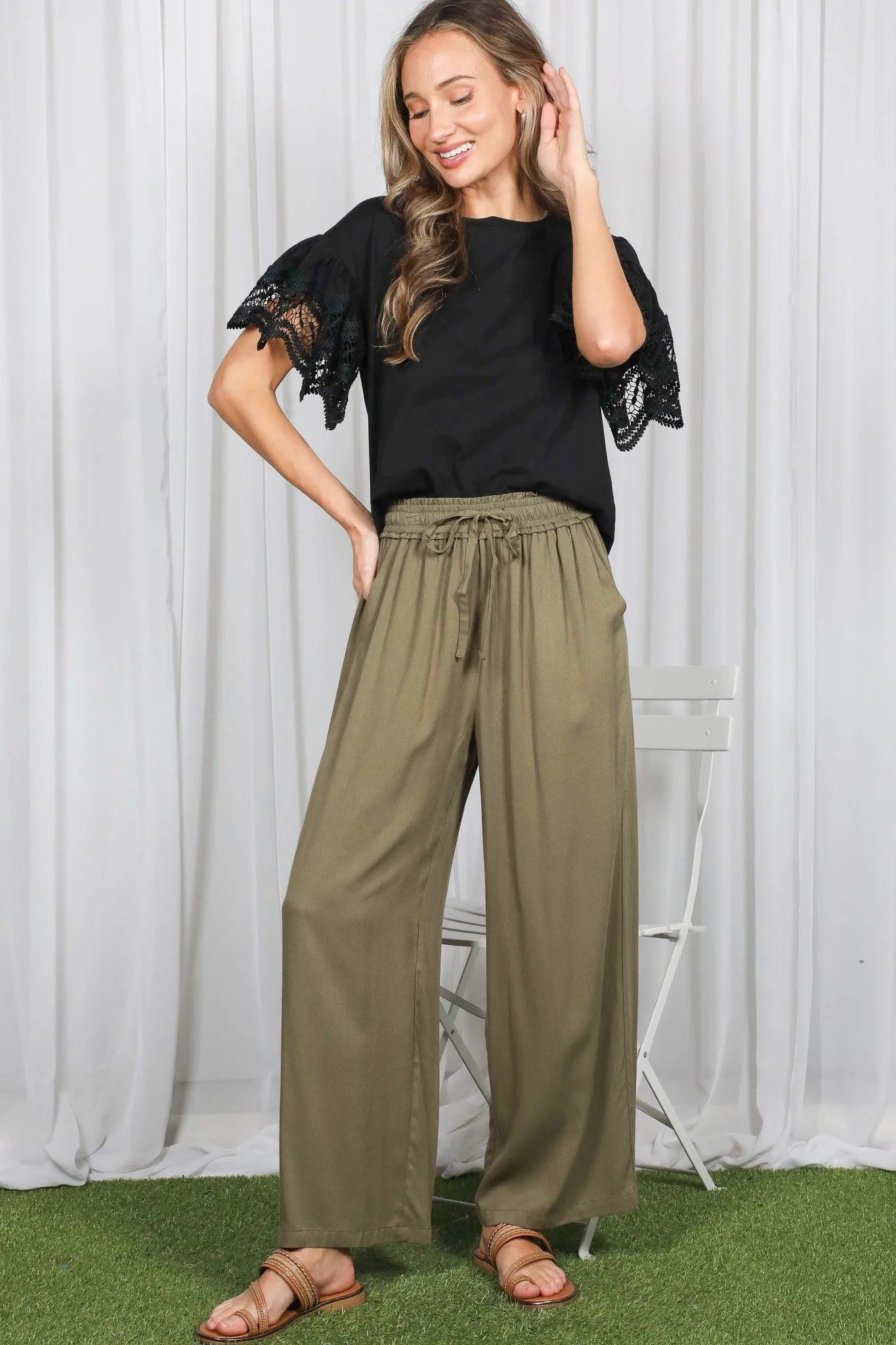 Olive Drawstring Waistband Pants sold by Pinkblush