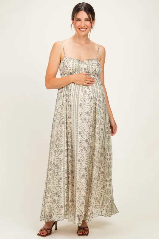 Cream Floral Empire Waist Sleeveless Maternity Midi Dress made by MABLE