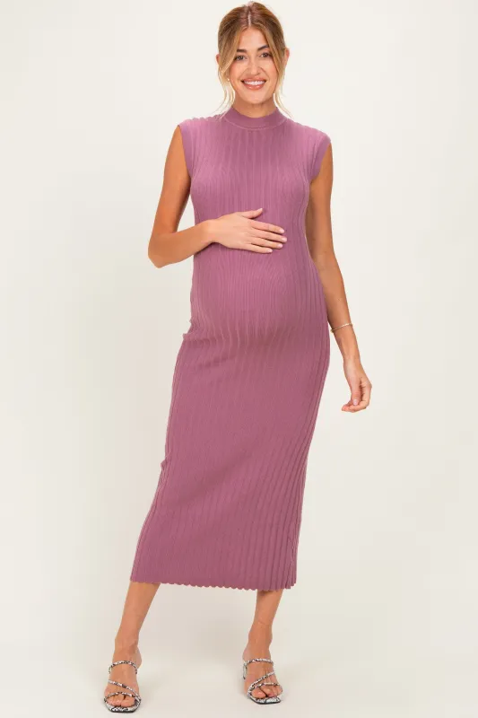 Mauve Ribbed Knit Mock Neck Maternity Maxi Dress made by Able