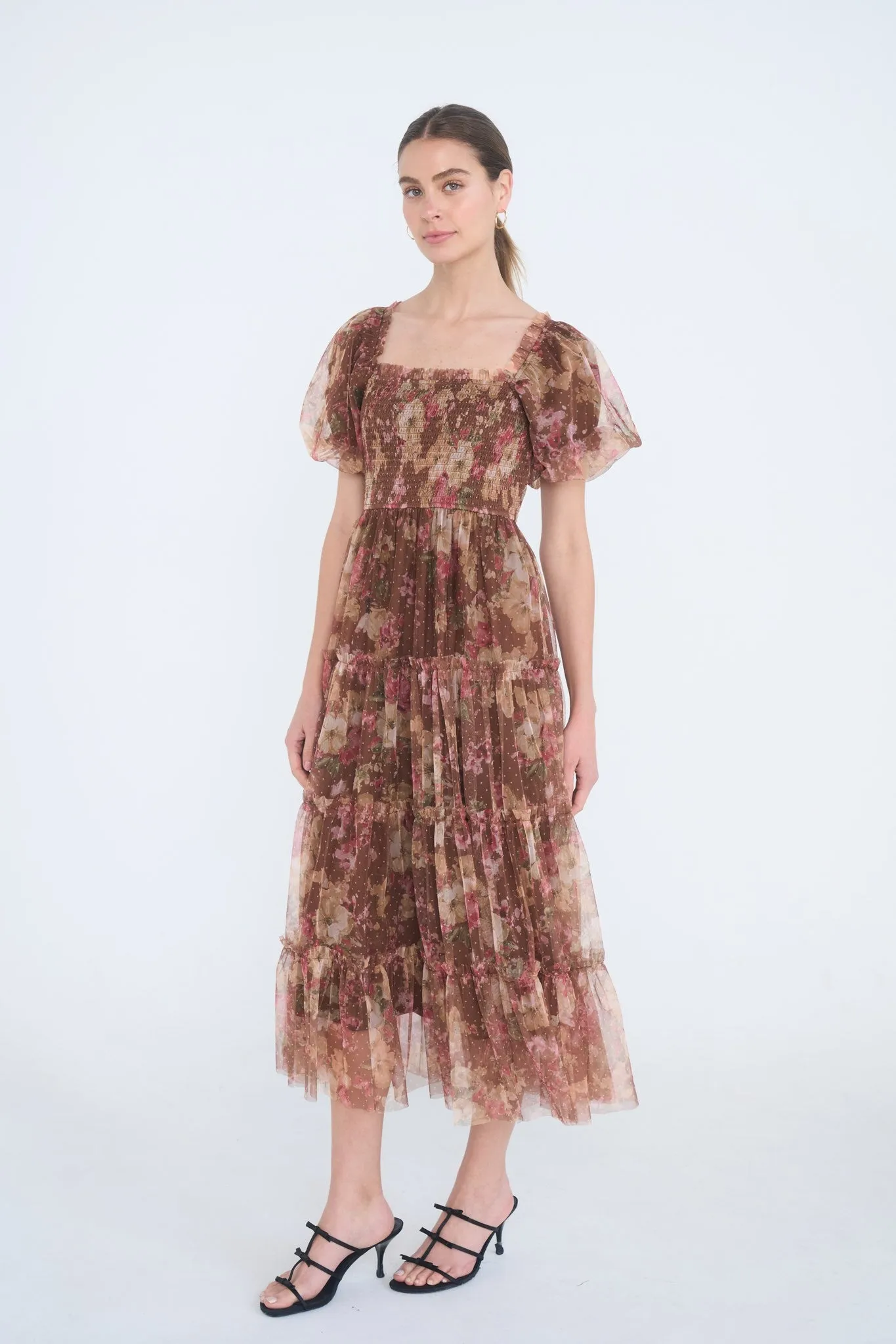 Light Brown Floral Polka Dot Tulle Midi Dress sold by Pinkblush