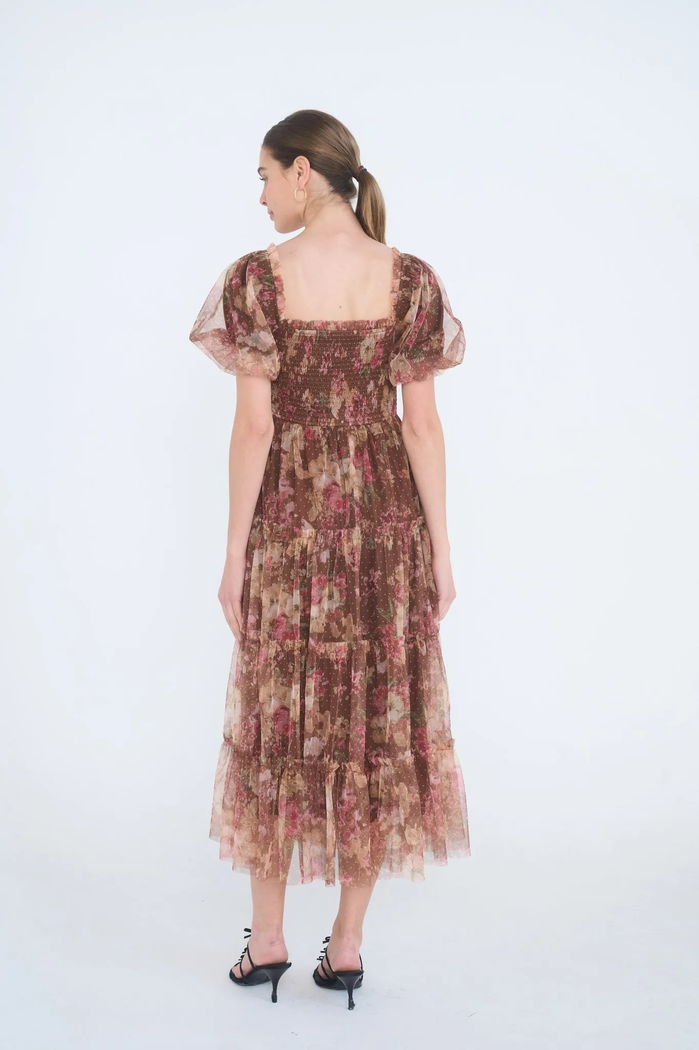Light Brown Floral Polka Dot Tulle Midi Dress sold by Pinkblush product image thumbnail 2