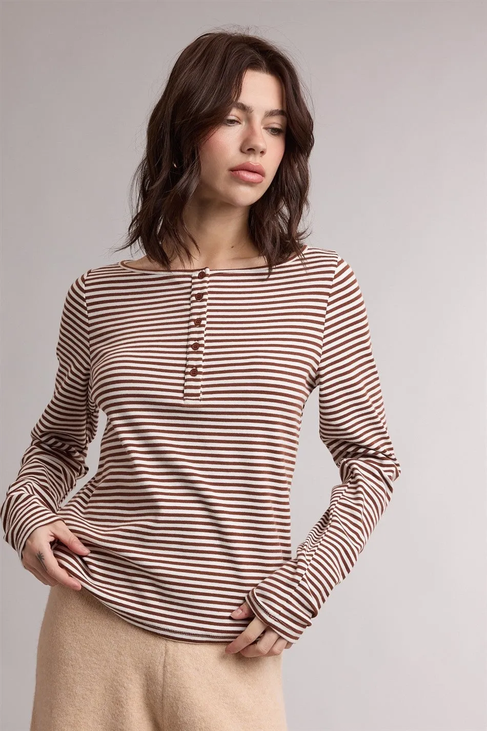 Brown Striped Button Henley Top sold by Pinkblush
