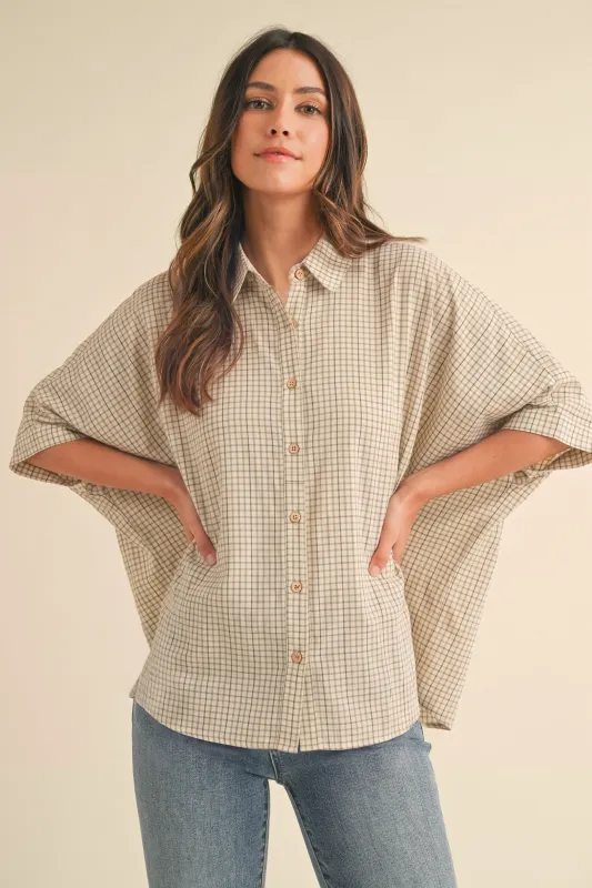 Oatmeal Oversized Check Plaid Button Down Shirt made by AnnieWear