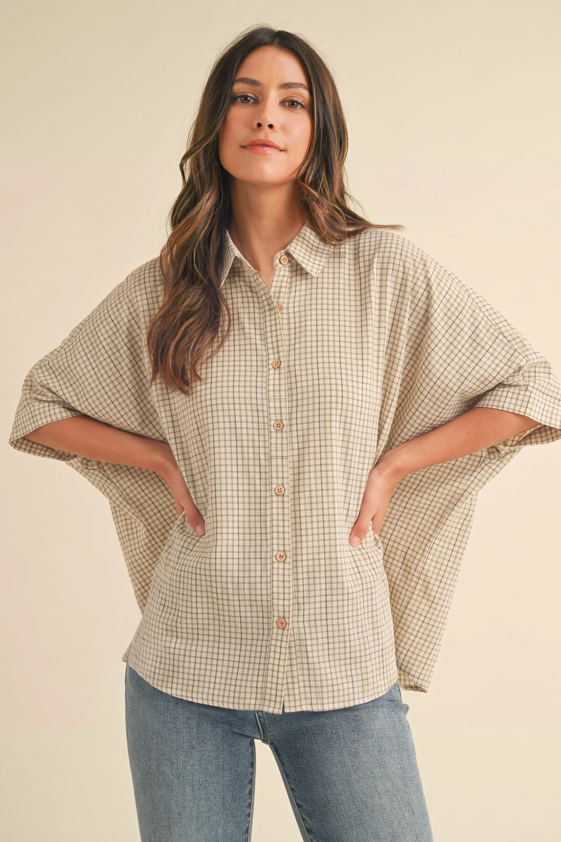 Oatmeal Oversized Check Plaid Button Down Shirt sold by Pinkblush