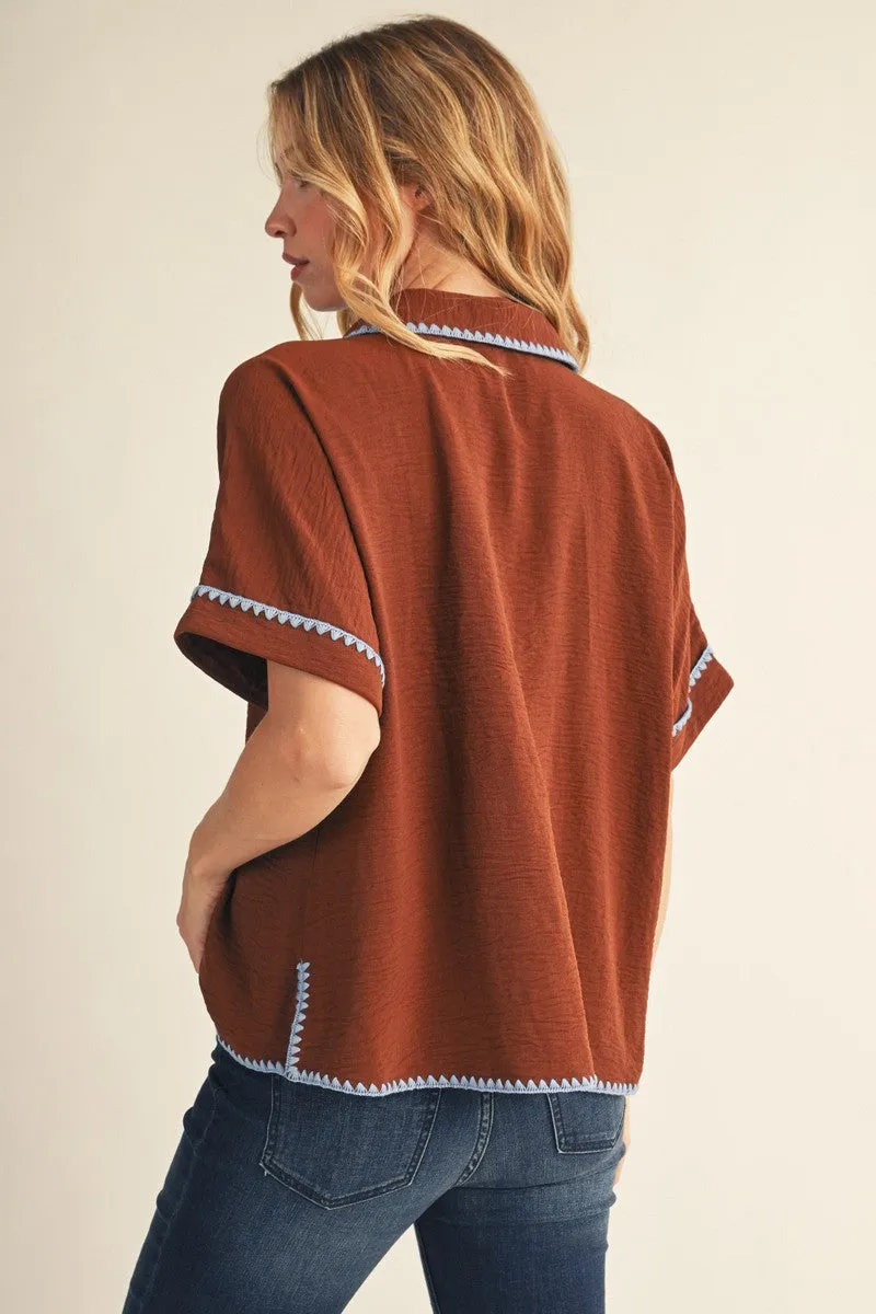 Brown Embroidered Detail Collared Boxy Top sold by Pinkblush product image thumbnail 3
