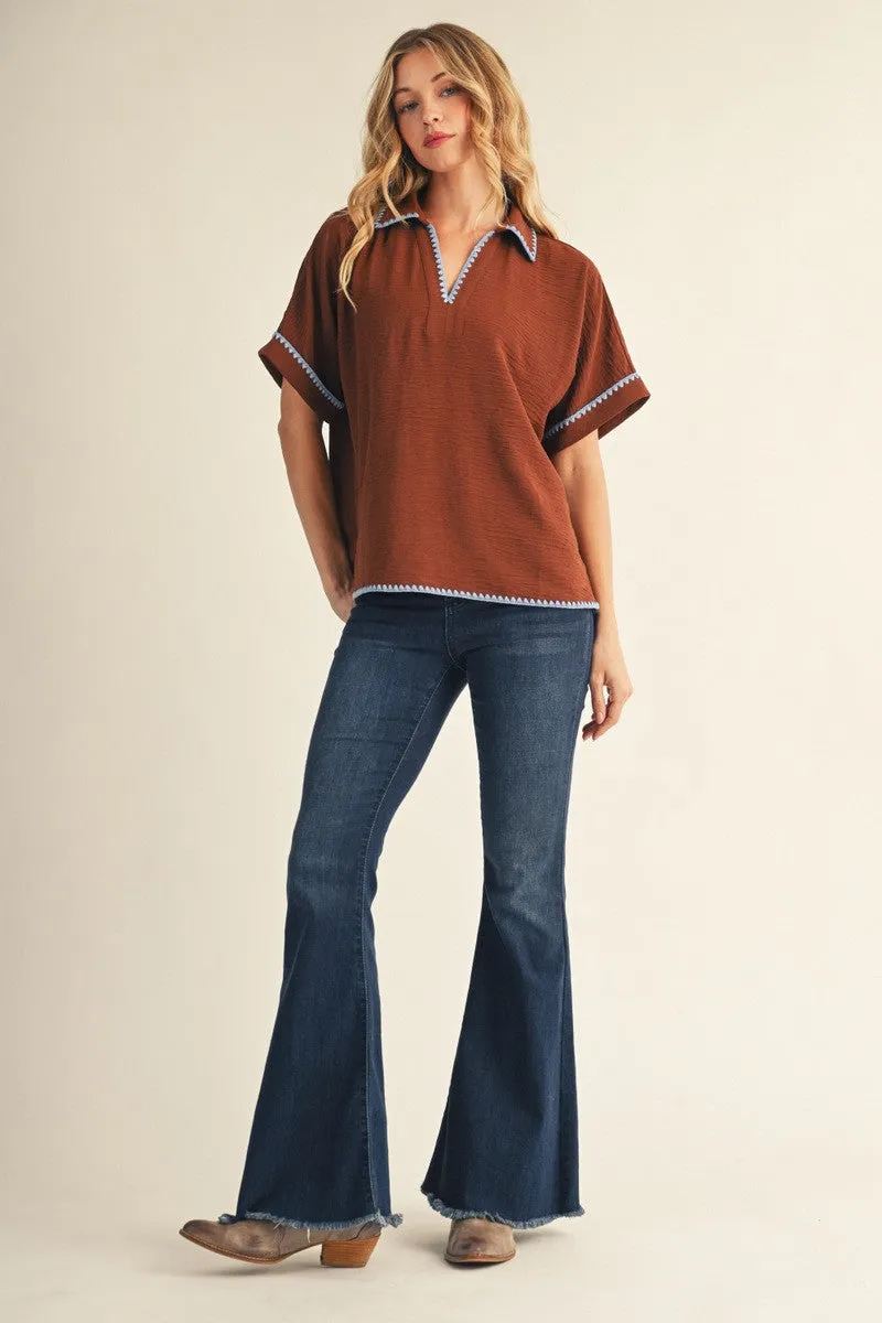 Brown Embroidered Detail Collared Boxy Top sold by Pinkblush product image thumbnail 4