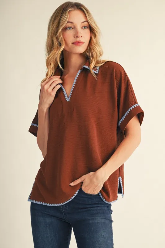 Brown Embroidered Detail Collared Boxy Top made by JODIFL