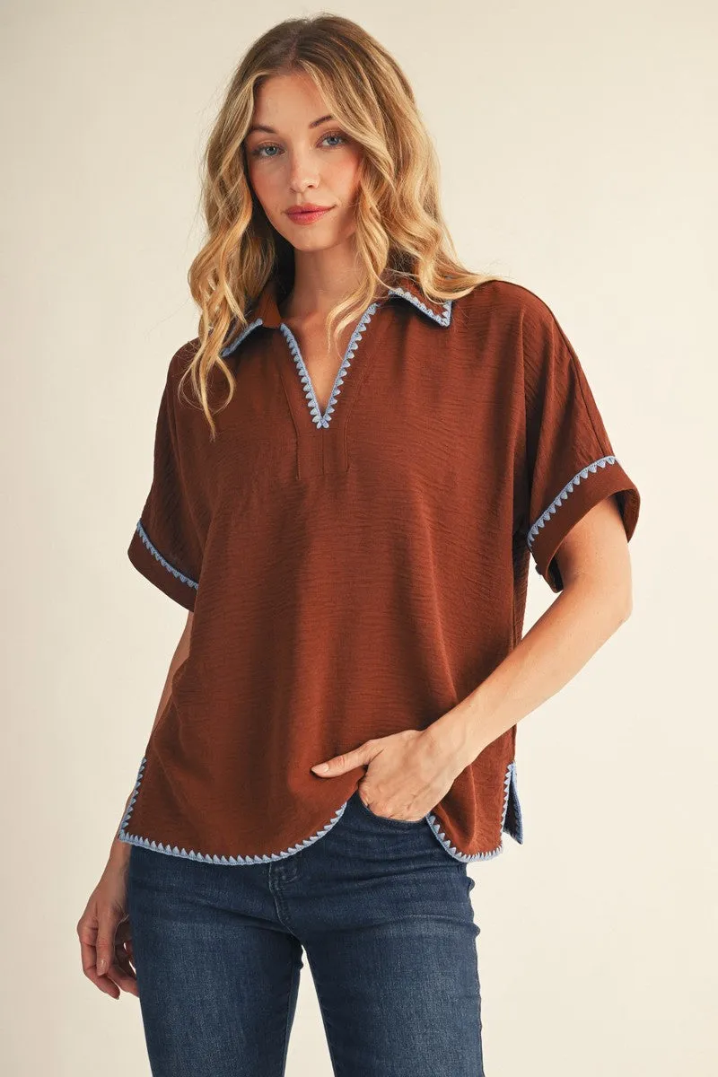 Brown Embroidered Detail Collared Boxy Top sold by Pinkblush product image thumbnail 2
