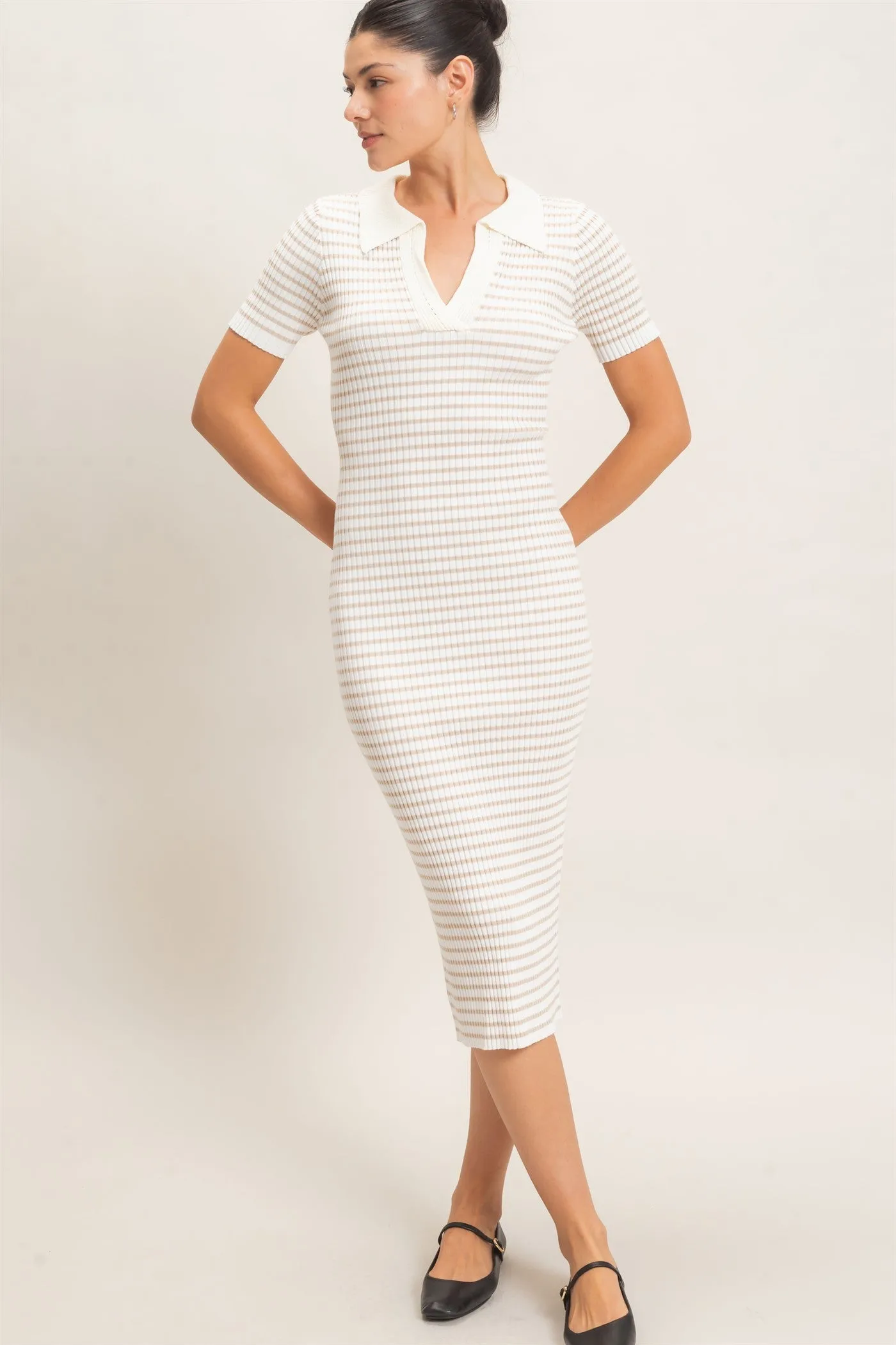 Cream Ribbed Striped Collared Midi Dress sold by Pinkblush product image thumbnail 2