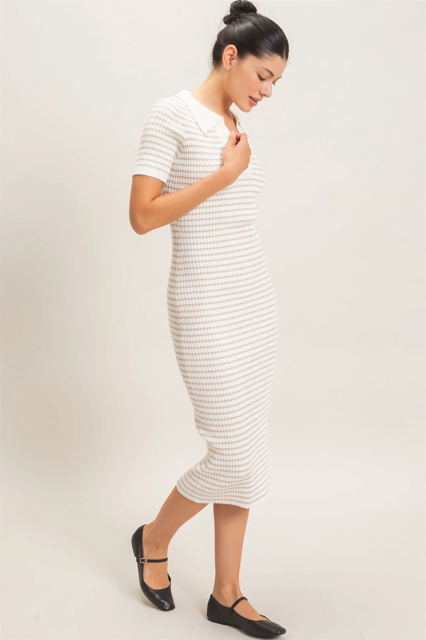 Cream Ribbed Striped Collared Midi Dress sold by Pinkblush product image thumbnail 3