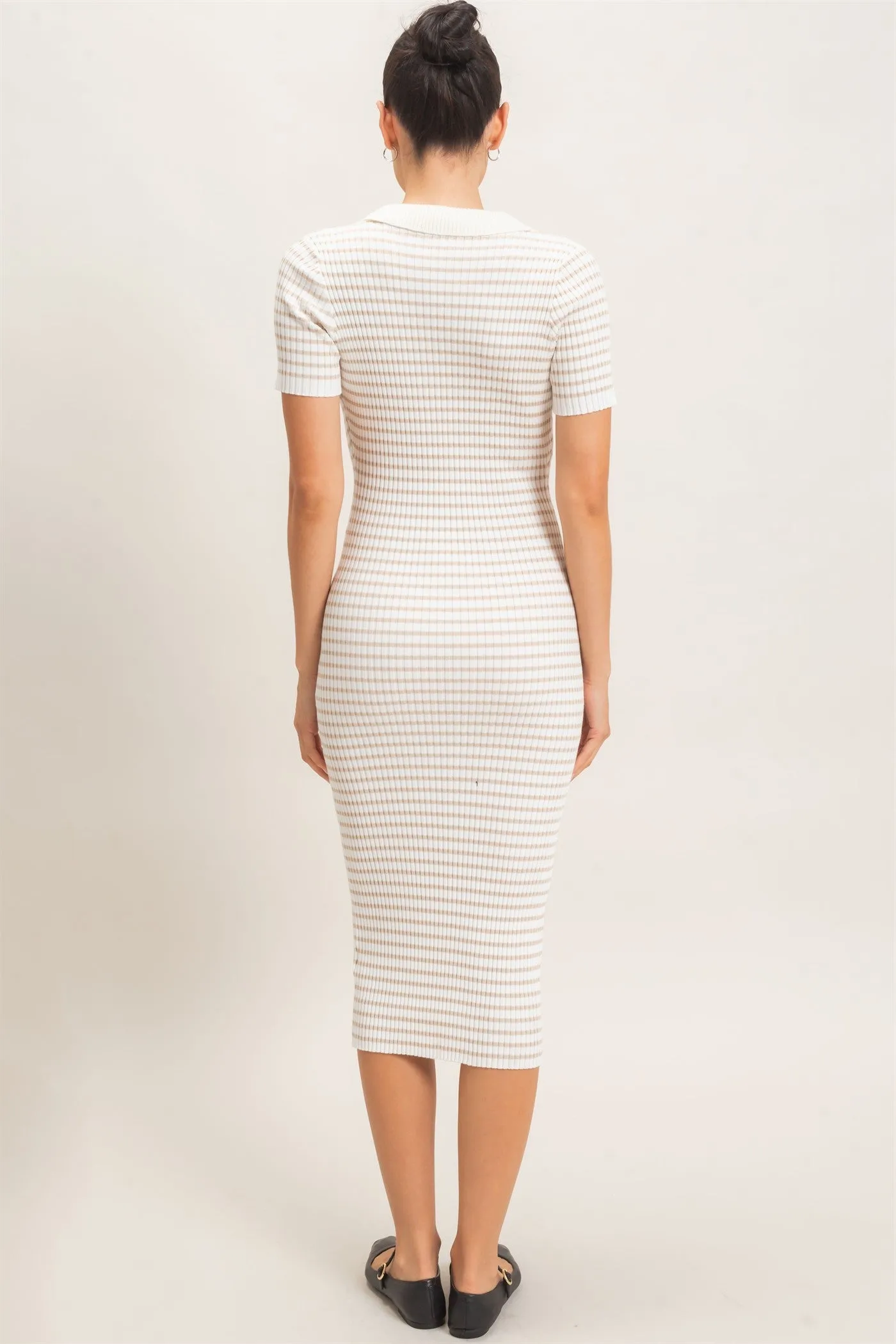 Cream Ribbed Striped Collared Midi Dress sold by Pinkblush product image thumbnail 4