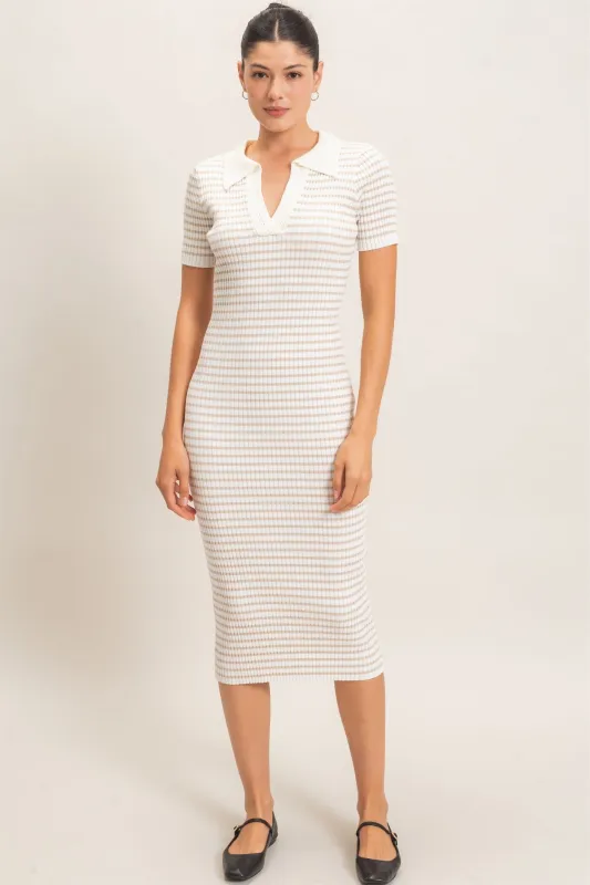 Cream Ribbed Striped Collared Midi Dress made by HYFVE