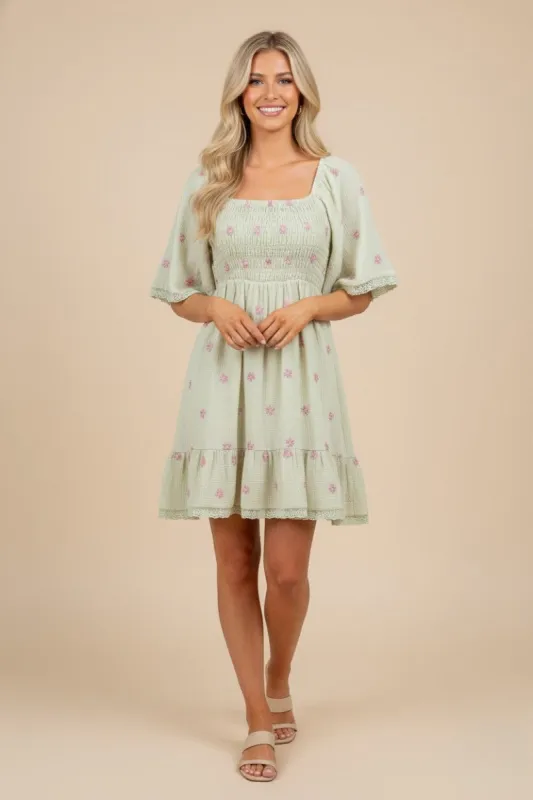 Mint Floral Embroidered Smocked Dress made by Jnna
