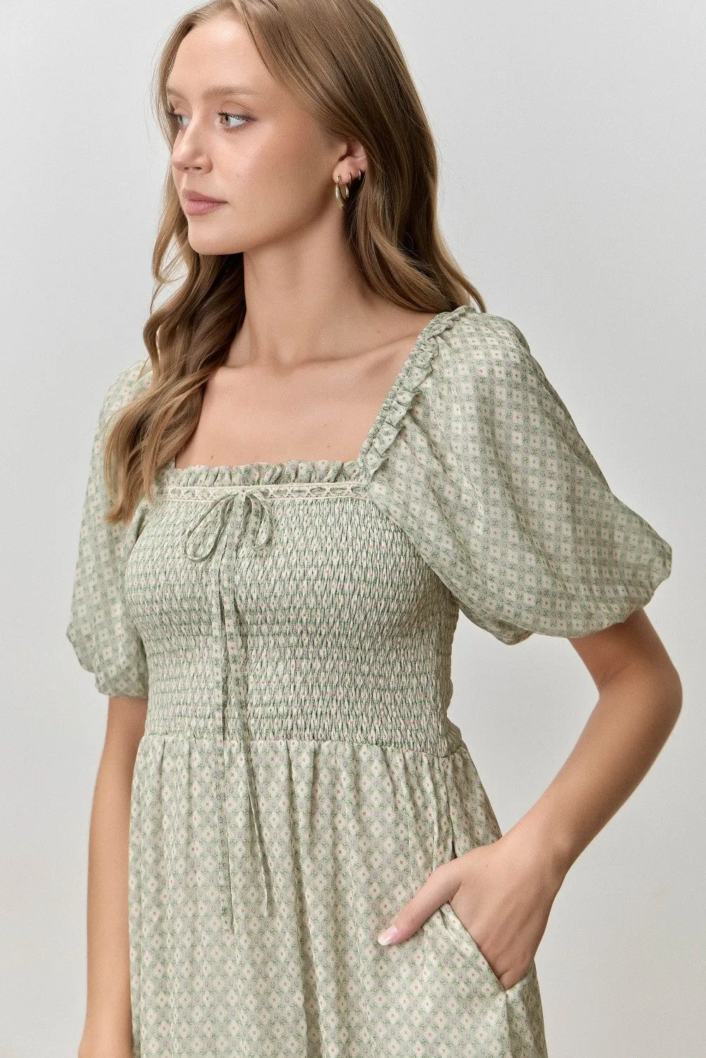 Sage Printed Smocked Ruffle Accent Dress sold by Pinkblush product image thumbnail 4
