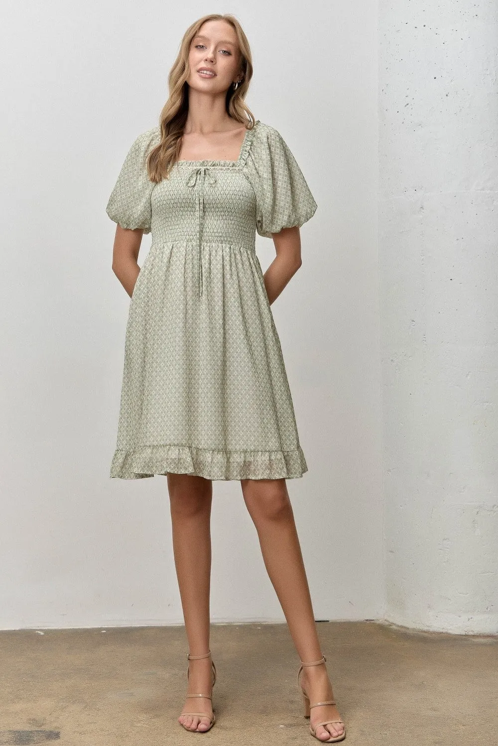 Sage Printed Smocked Ruffle Accent Dress sold by Pinkblush
