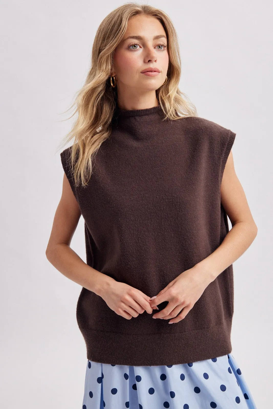 Espresso Mock Neck Sweater Vest sold by Pinkblush