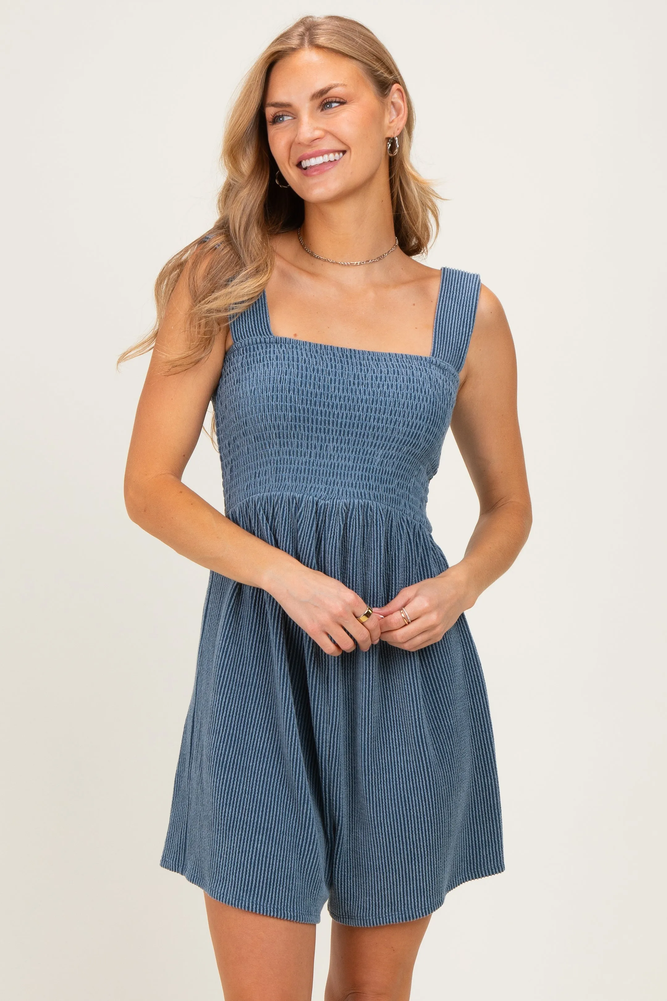 Denim Ribbed Smocked Bodice Romper sold by Pinkblush product image thumbnail 3