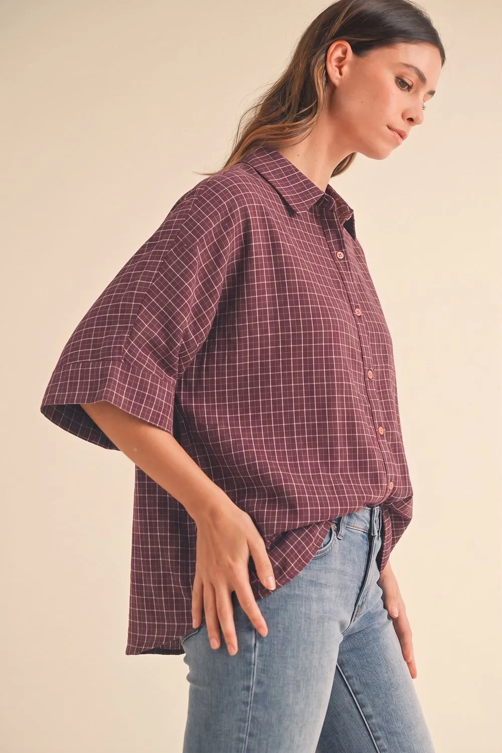 Merlot Oversized Check Plaid Button Down Shirt sold by Pinkblush product image thumbnail 2