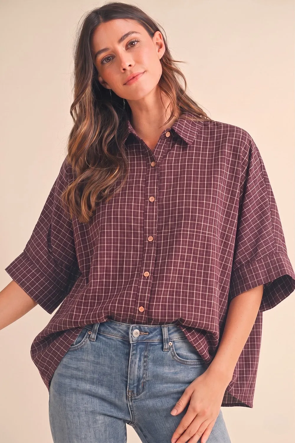 Merlot Oversized Check Plaid Button Down Shirt sold by Pinkblush