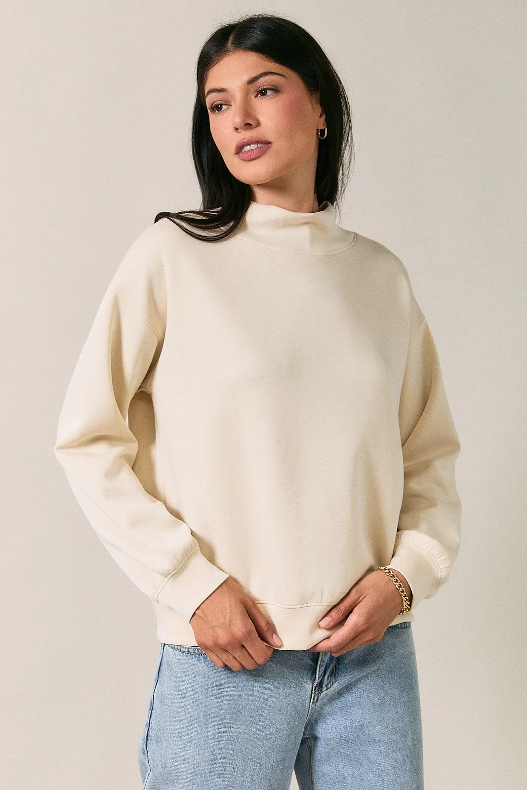 Cream Mock Neck Drop Shoulder Sweatshirt sold by Pinkblush