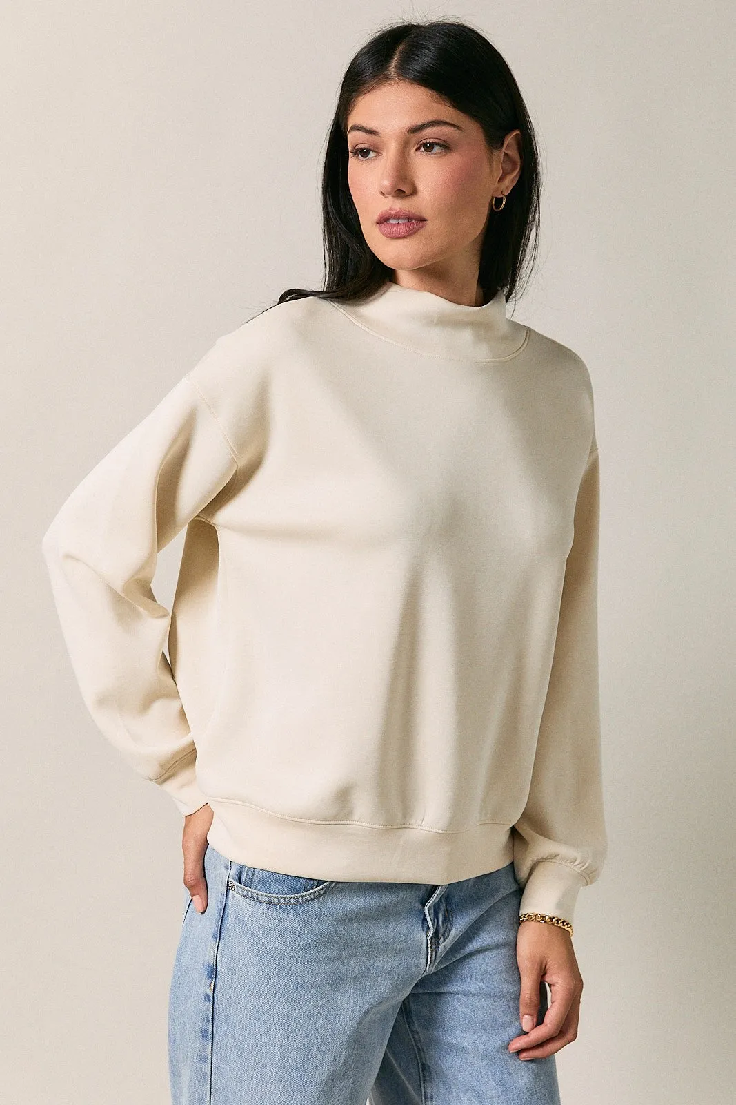 Cream Mock Neck Drop Shoulder Sweatshirt sold by Pinkblush product image thumbnail 2