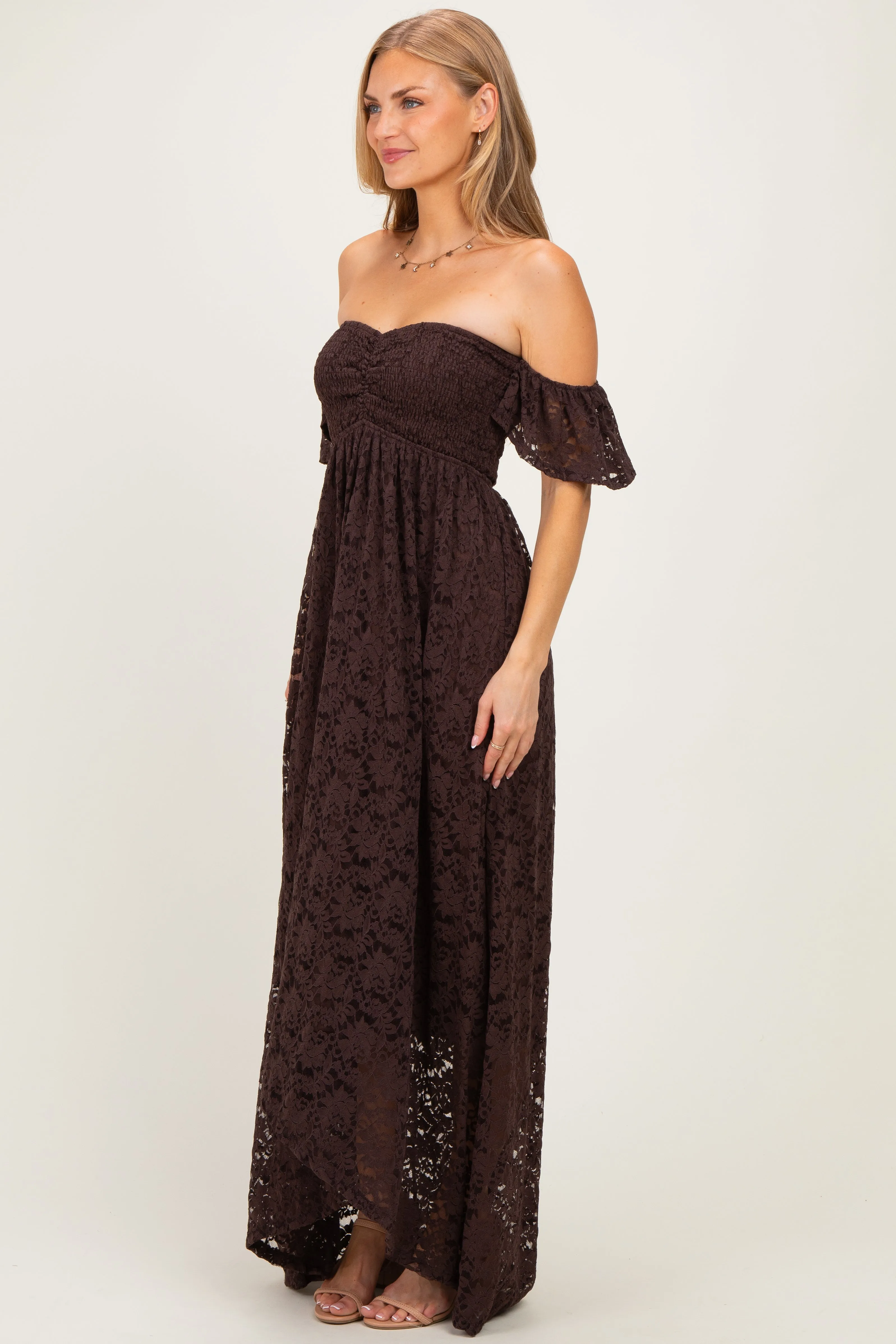 Brown Lace Off Shoulder Maxi Dress sold by Pinkblush product image thumbnail 4