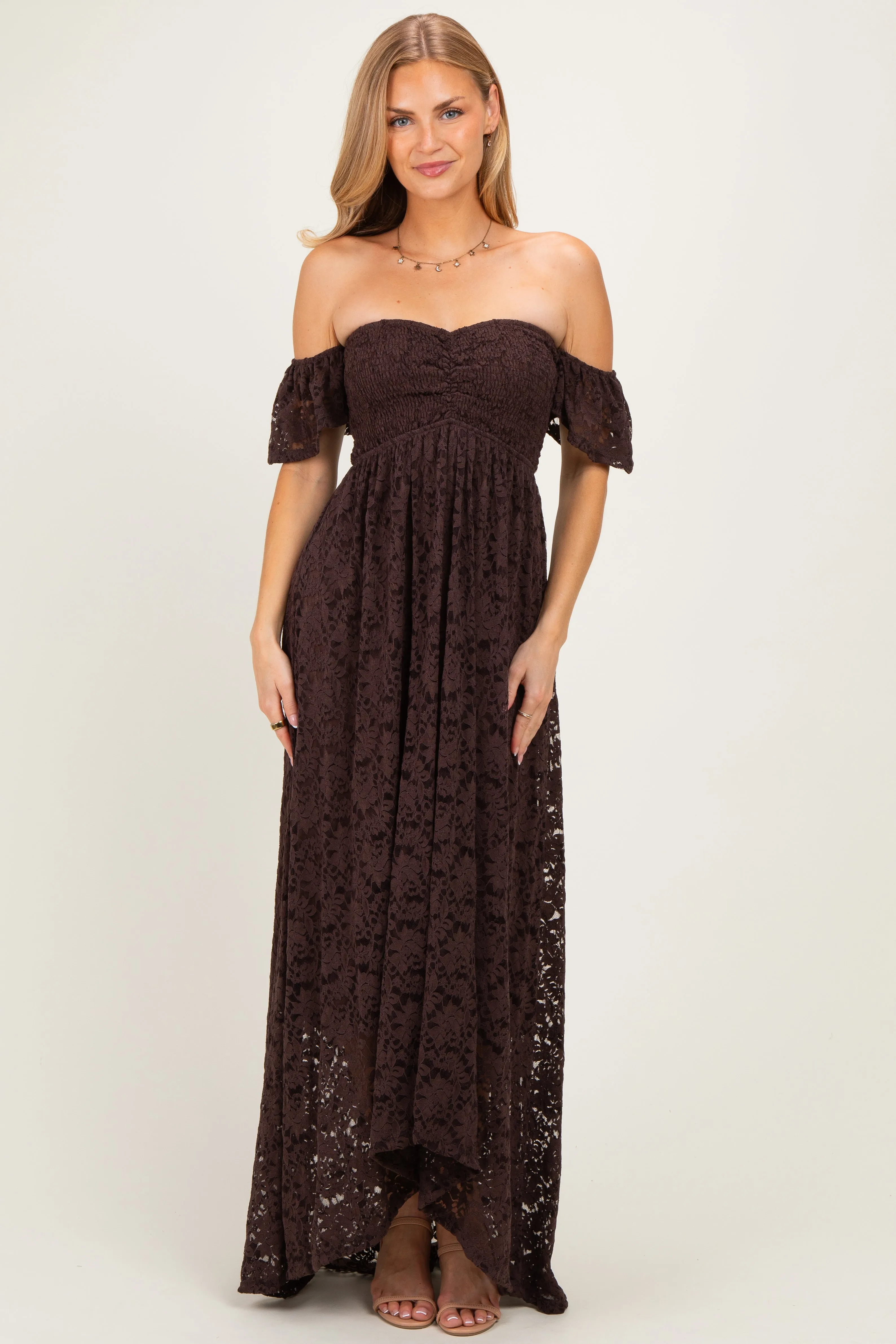 Brown Lace Off Shoulder Maxi Dress sold by Pinkblush product image thumbnail 2