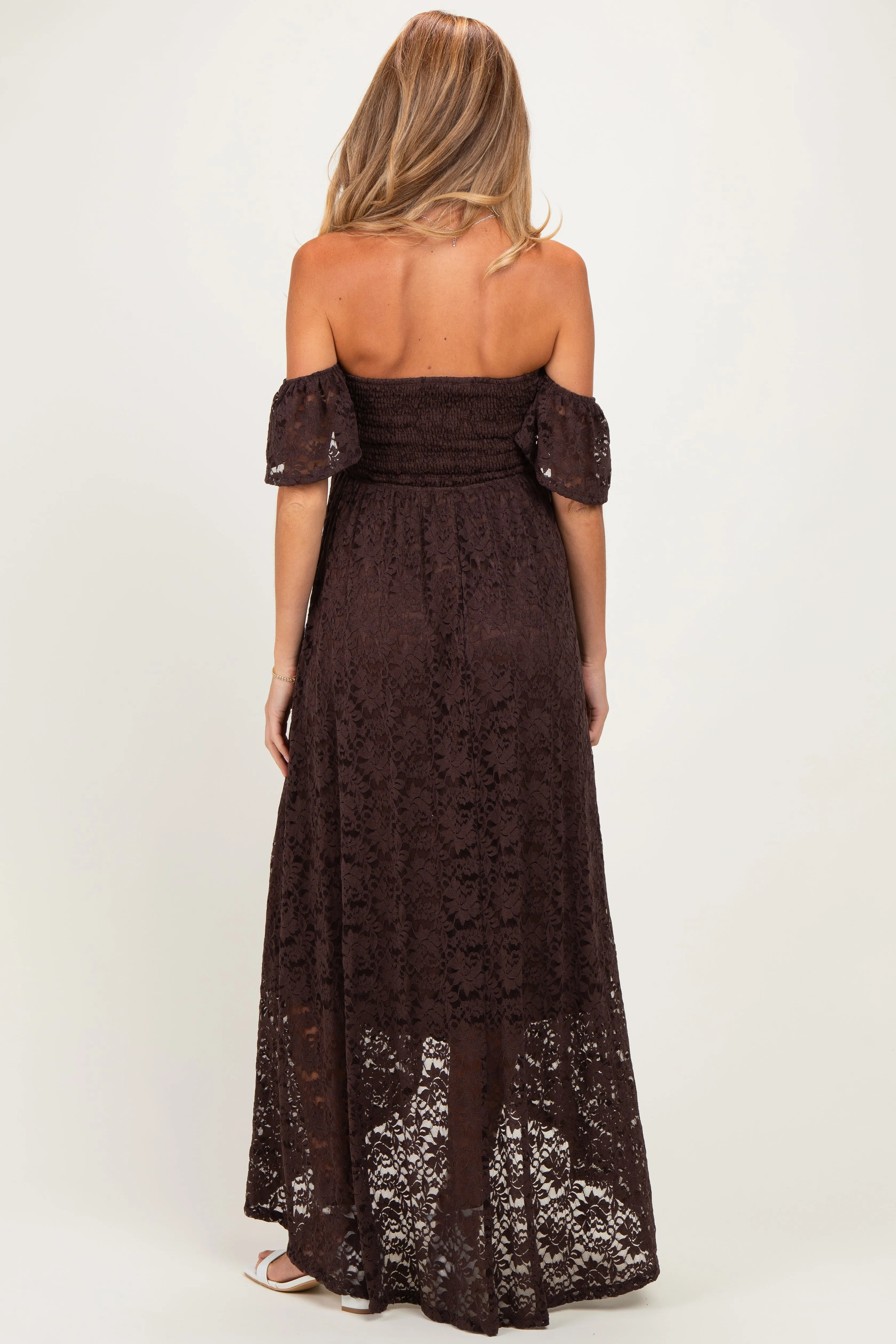 Brown Lace Off Shoulder Maternity Maxi Dress sold by Pinkblush product image thumbnail 3