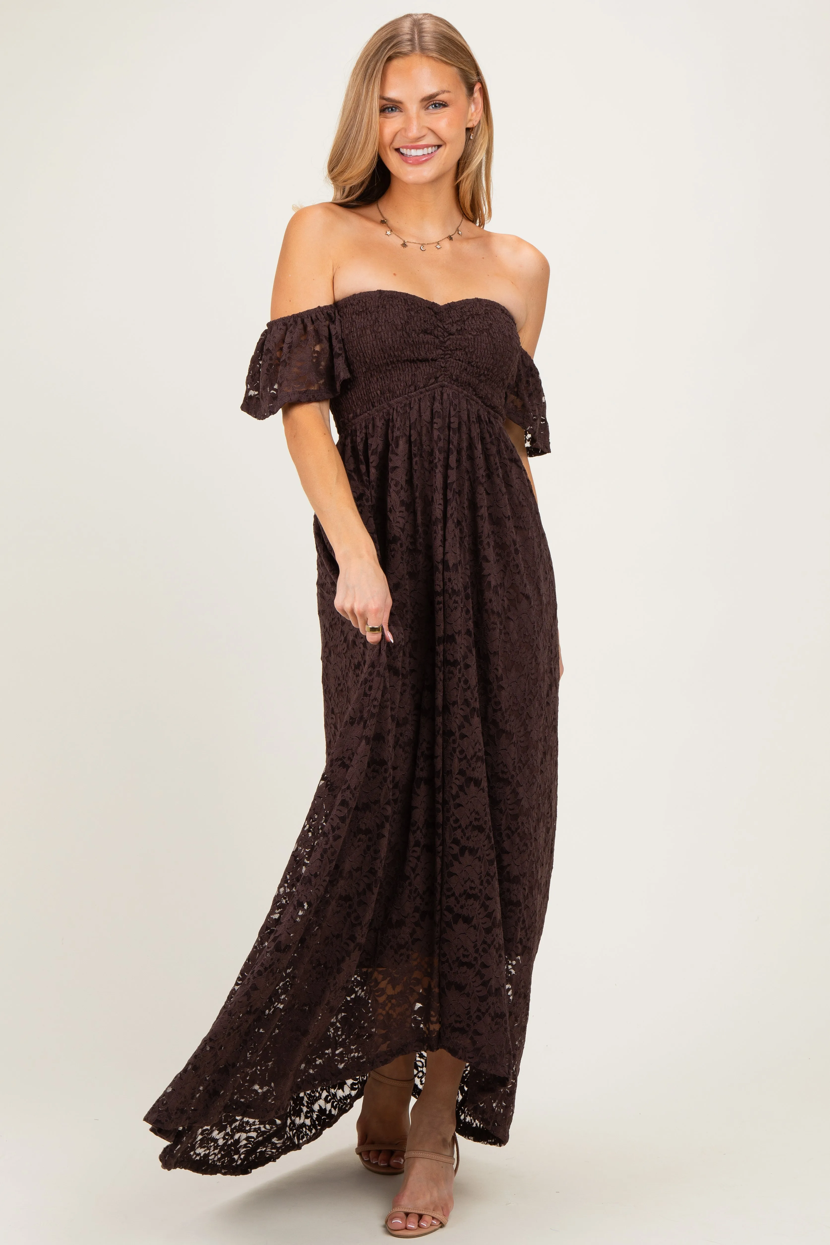 Brown Lace Off Shoulder Maternity Maxi Dress sold by Pinkblush product image thumbnail 4