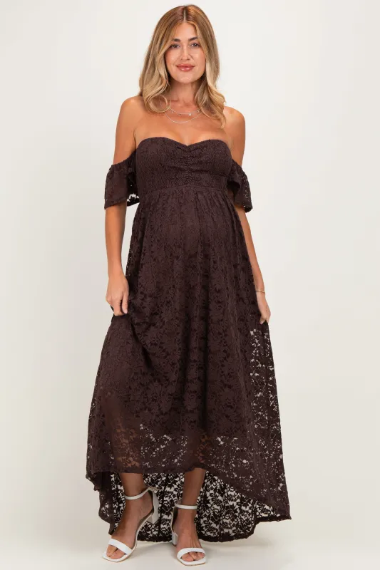 Brown Lace Off Shoulder Maternity Maxi Dress made by Pinkblush