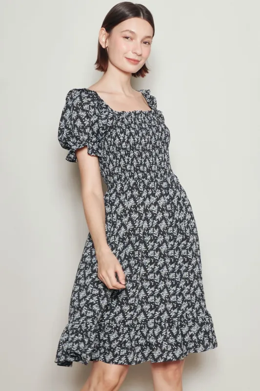 Black Floral Smocked Puff Sleeve Dress made by Pinkblush