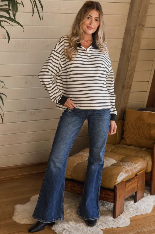 Dark Wash Relaxed Flare Maternity Jeans made by Pinkblush