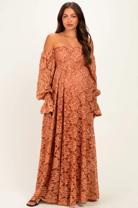 Rust Lace Off Shoulder Long Sleeve Maternity Maxi Dress made by Pinkblush