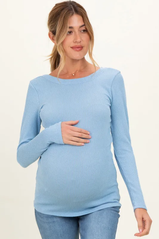 Blue Ribbed Scoop Neck Long Sleeve Maternity Top made by Pinkblush