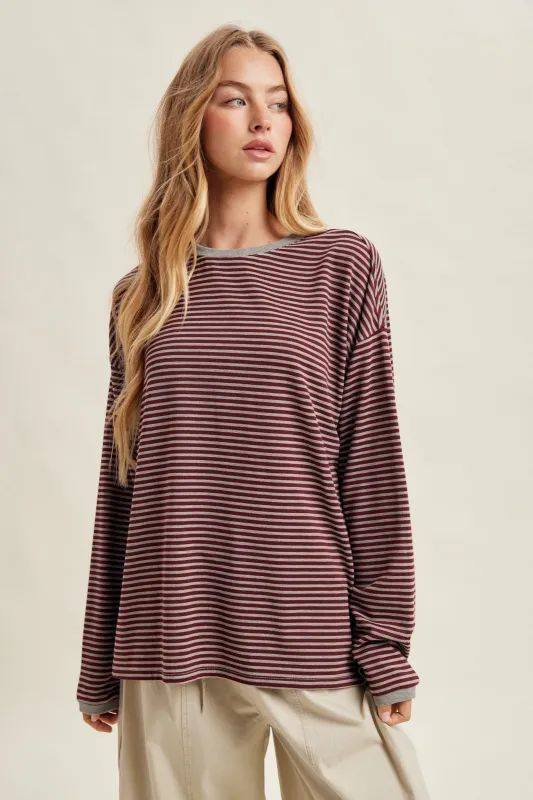Burgundy Striped Oversized Long Sleeve Top made by Wishlist