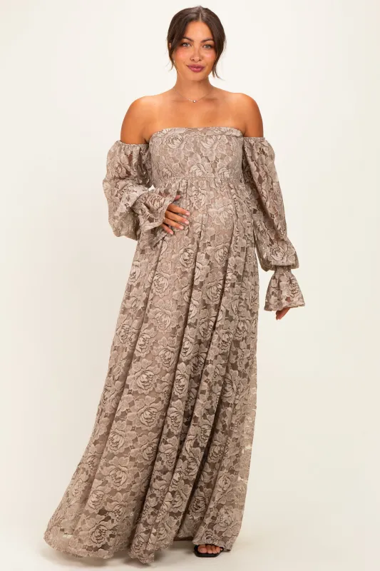 Mocha Lace Off Shoulder Long Sleeve Maternity Maxi Dress made by Pinkblush