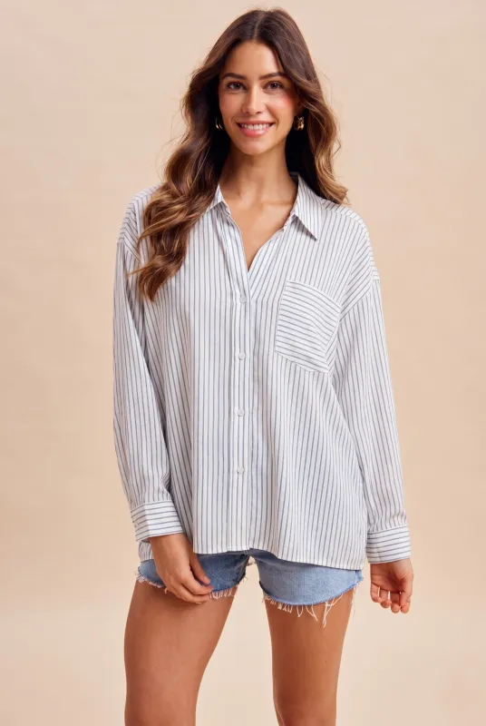 Blue Striped Oversized Sheer Linen Button Down made by AnnieWear