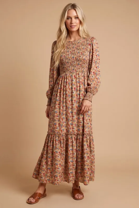 Taupe Floral Smocked Long Sleeve Midi Dress made by Jnna