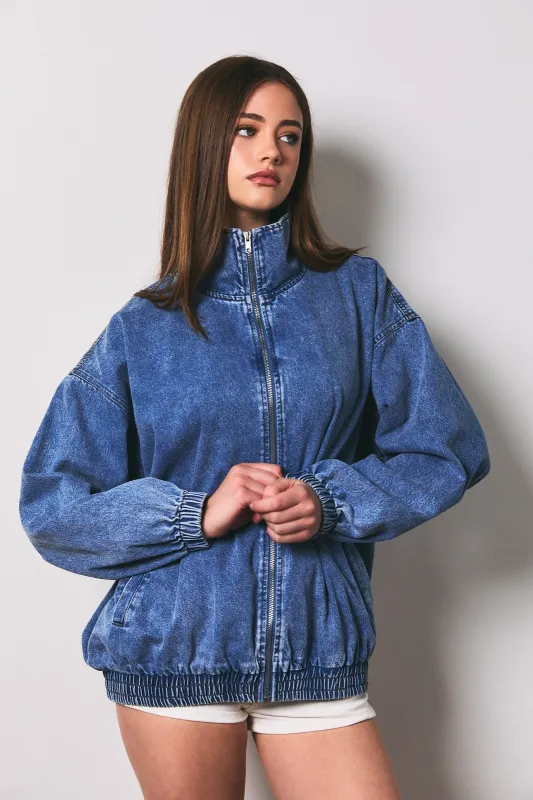 Dark Denim Zipper Front Oversized Jacket made by Le Lis