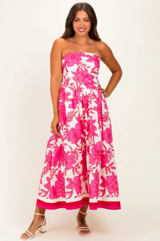 Pink Floral Strapless Maternity Midi Dress made by entro