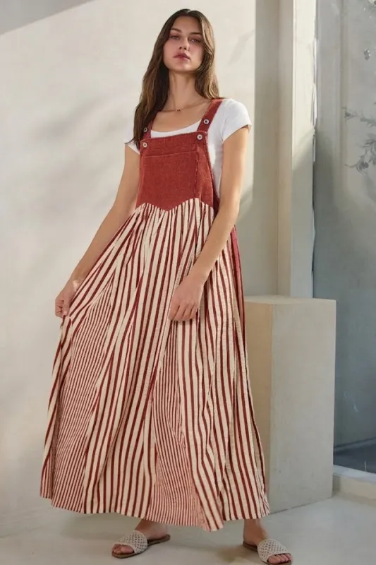 Crimson Striped Colorblock Denim Contrast Maxi Dress made by Pinkblush