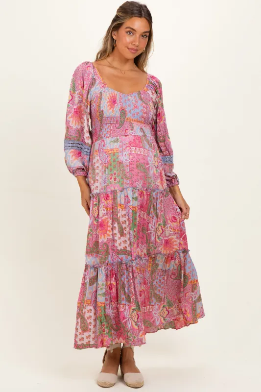 Pink Patchwork Print Smocked Tiered Maternity Maxi Dress made by Angie