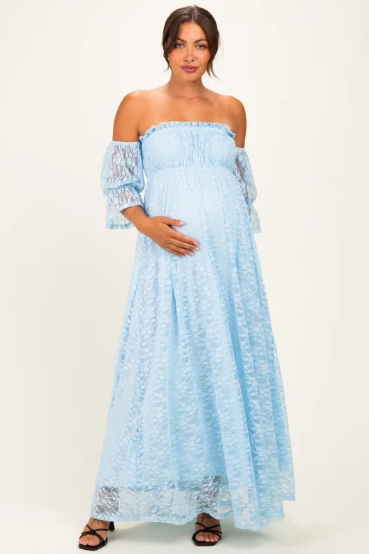 Light Blue Lace Off Shoulder Maternity Maxi Dress made by Pinkblush