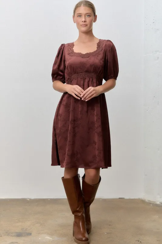 Brown Short Sleeve Lace Trim Dress made by Polagram