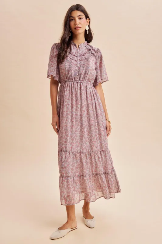 Dusty Rose Ruffle Floral Print Maxi Dress made by Inloom