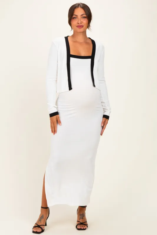 White/ Black Color Block Sleeveless Fitted Dress Maternity Cardigan Set made by Pinkblush