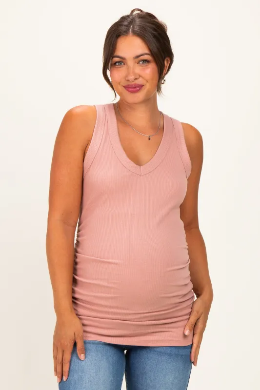 Rose Ribbed Sleeveless Ruched Maternity Tank Top made by Pinkblush