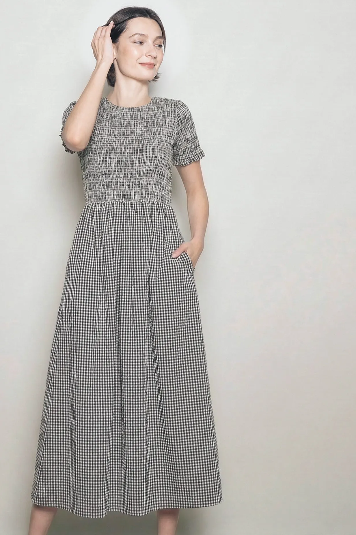 Black Smocked Gingham Midi Dress sold by Pinkblush product image thumbnail 3